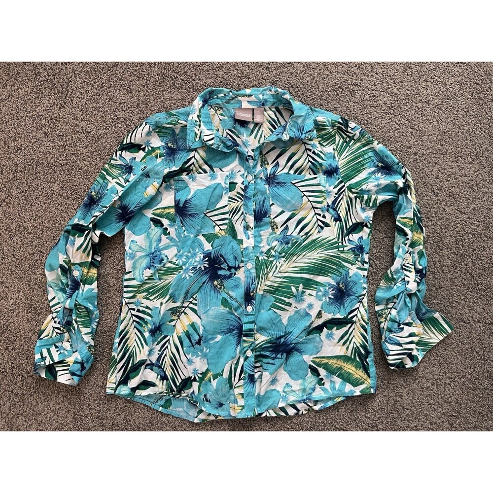 Chico's Shirt Womens Size 1 (M)Blue Floral Roll Tab Long Sleeve Button Up Cotton